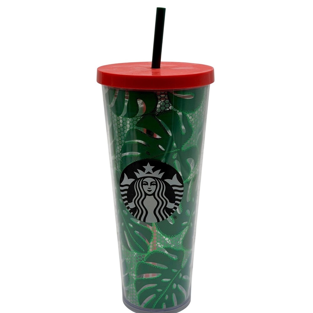Starbucks Tumbler 24 oz Green Tropical Leaf & Lace Tumbler 2016 24 oz straw lid‎